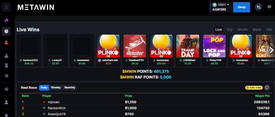 view of some homepage features on metawin